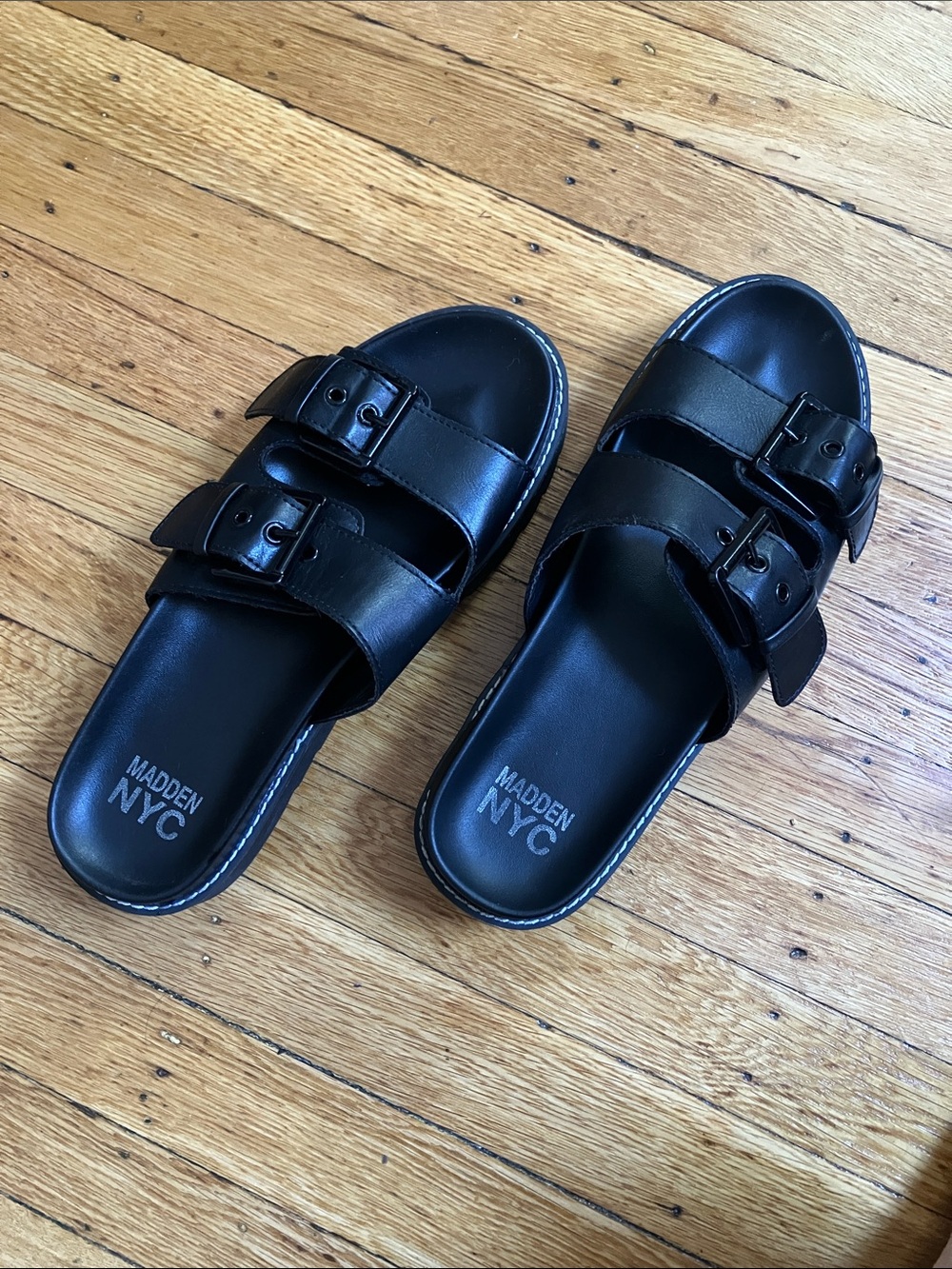 Madden NYC Women’s Black Double-Buckle Slide Sandals